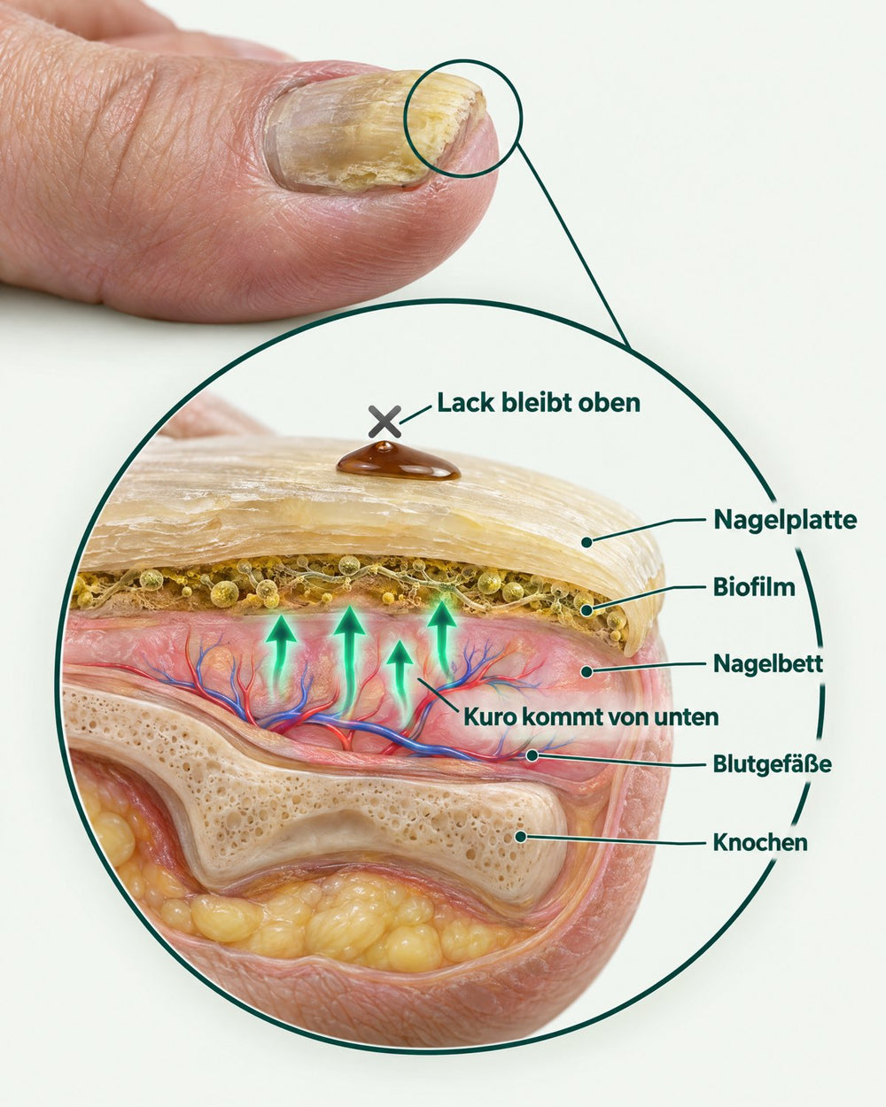 Querschnitt Zehenspitze: Nagelplatte, Biofilm, Nagelbett, Blutgefäße