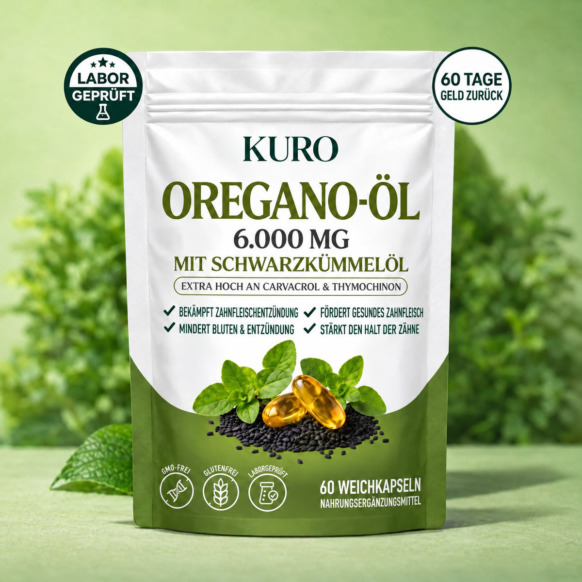 Kuro Oregano-Öl 6.000 mg mit Schwarzkümmelöl, laborgeprüft, 60 Tage Geld zurück