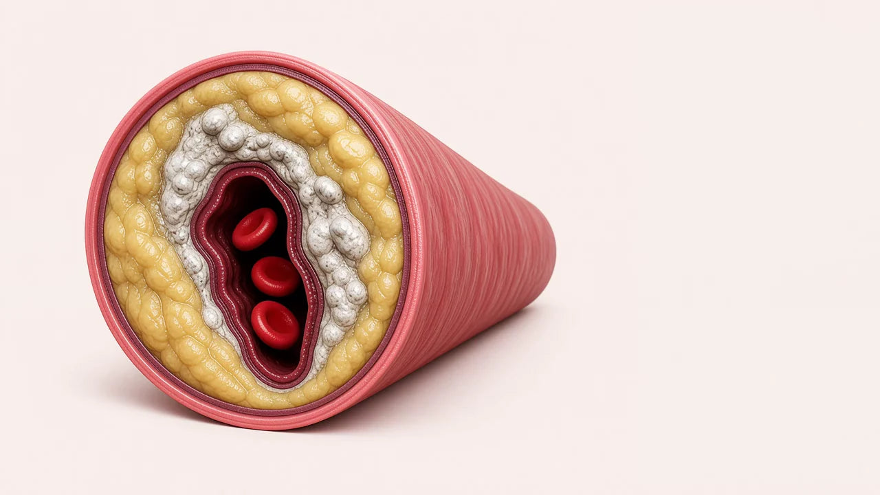Doorsnede van een verstopte slagader met een laag cholesterol en kalk