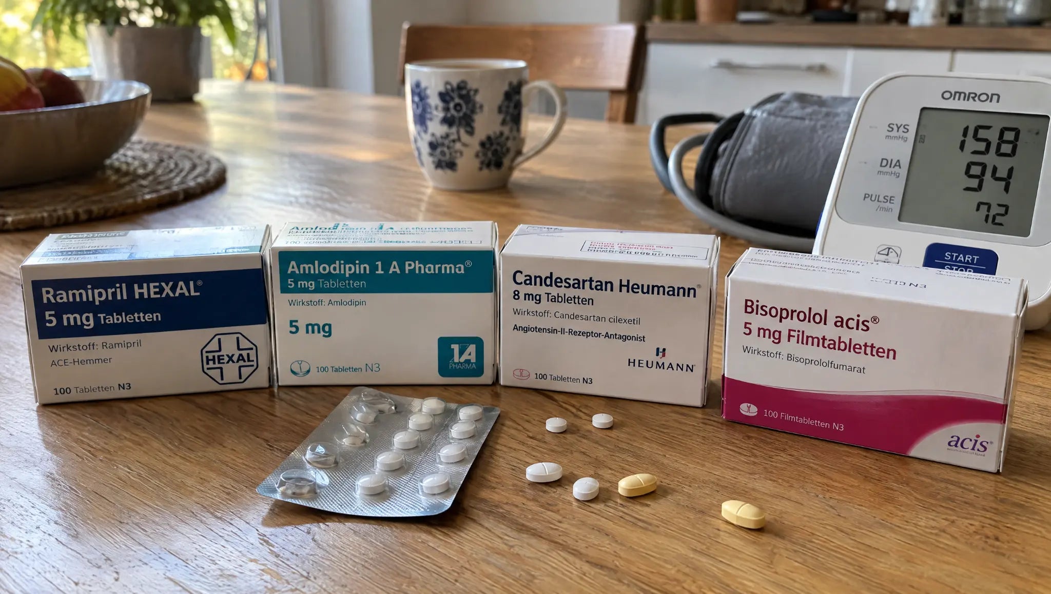 Vier doosjes pillen, strips en een bloeddrukmeter op een keukentafel