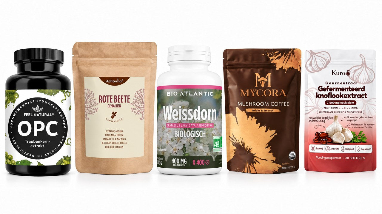 De vijf geteste middelen naast elkaar: OPC, rode biet, meidoorn, paddenstoelenkoffie en Kuro